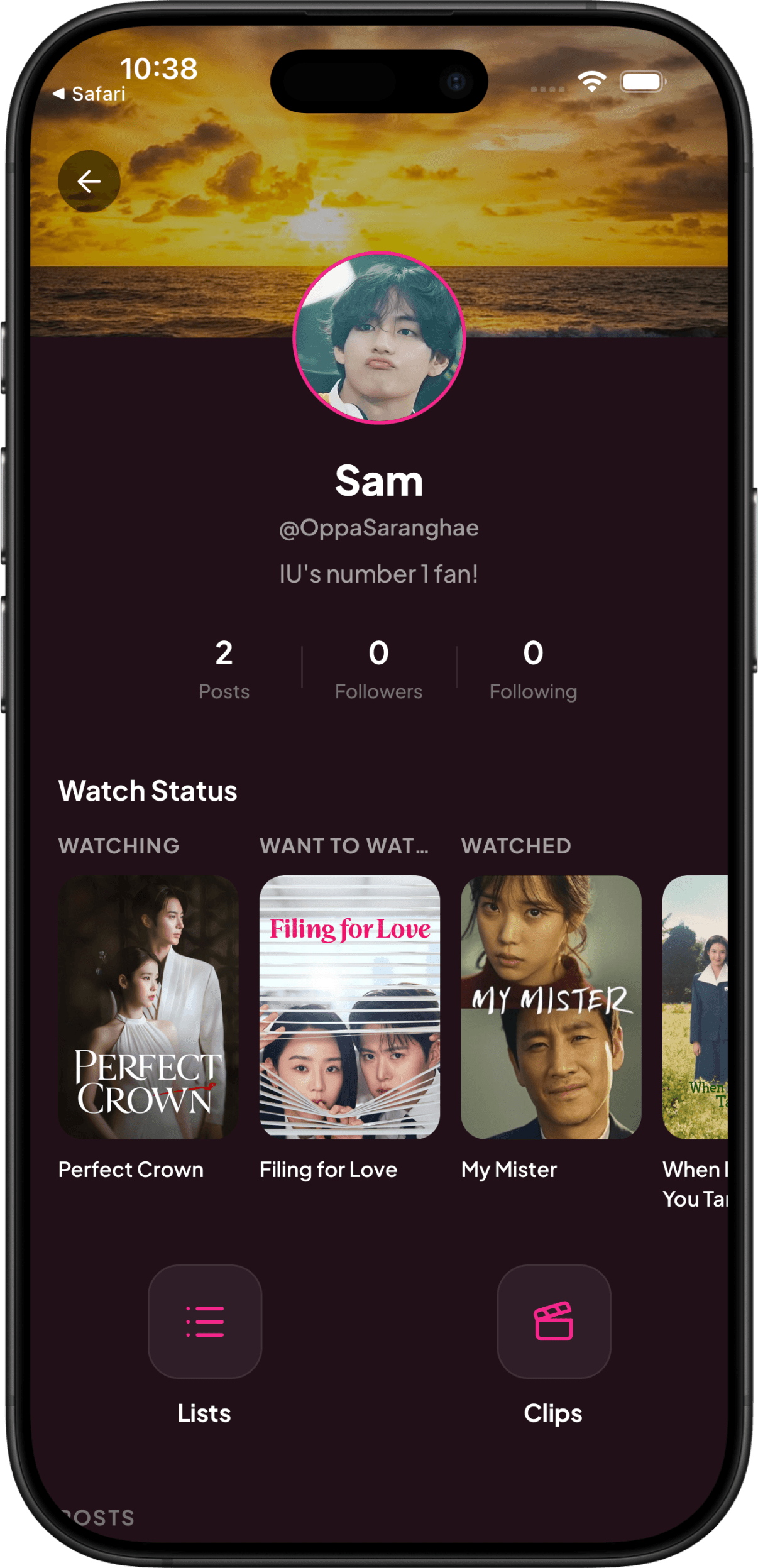 KDrama FanClub user profile screen